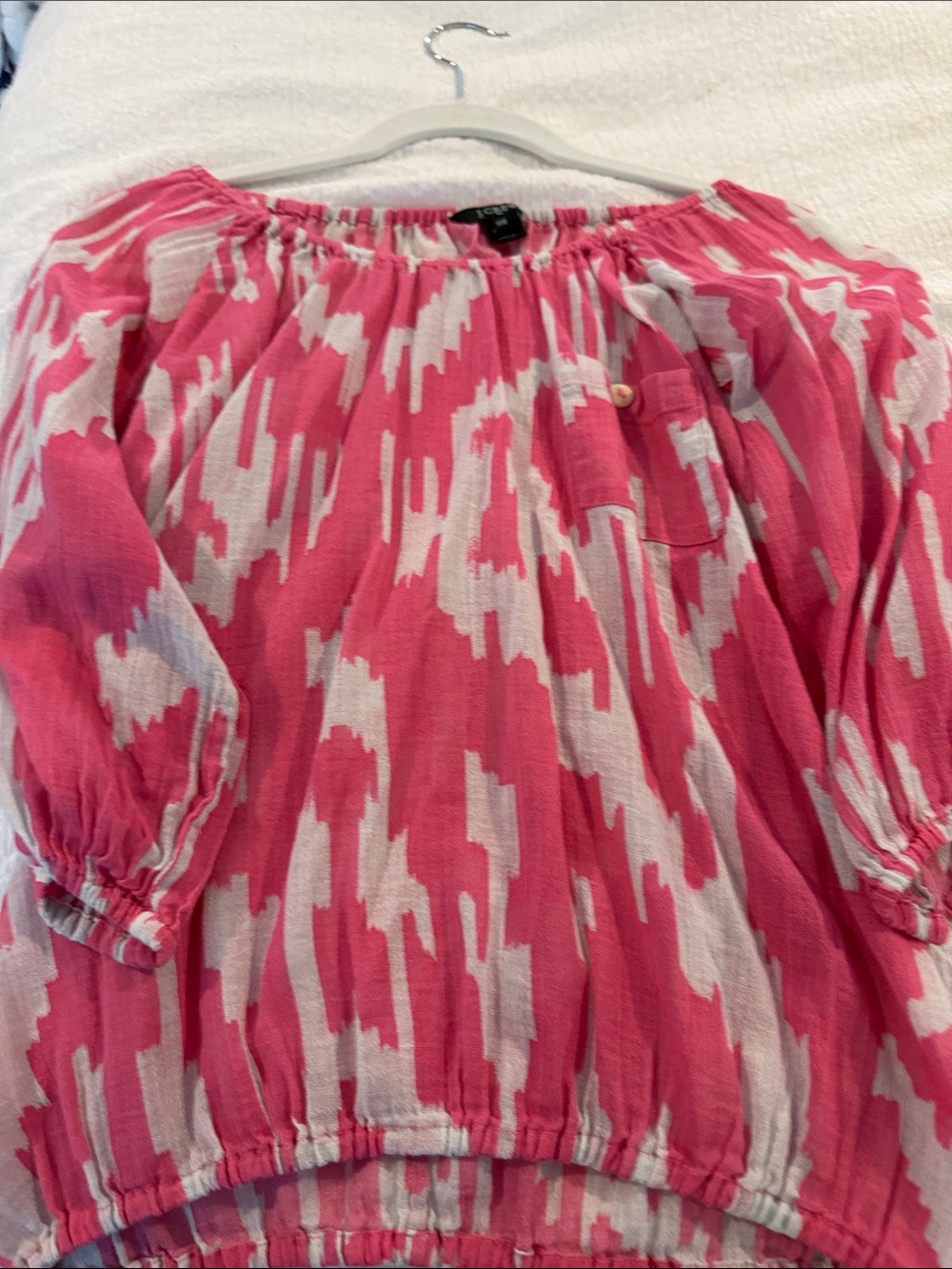 J. Crew Pink and White Off-Shoulder Blouse elastic bottom